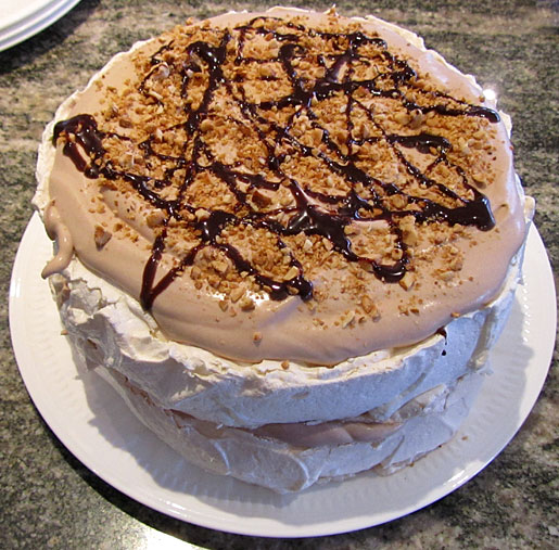 layered pavlova with chocolate cream