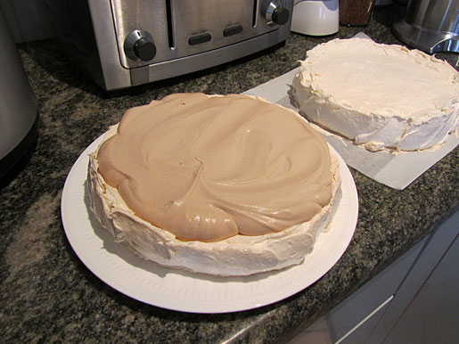 layered pavlova with chocolate cream center