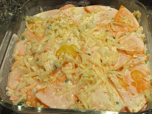 sweet potato and butternut pumpkin gratin ready to be baked