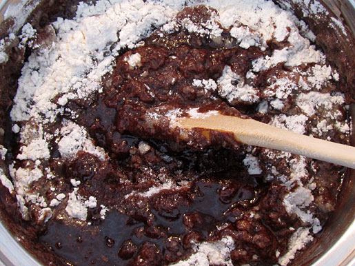 mixing chocolate cake