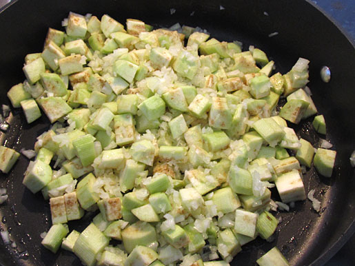 sauteeing eggplant, onion and garlic