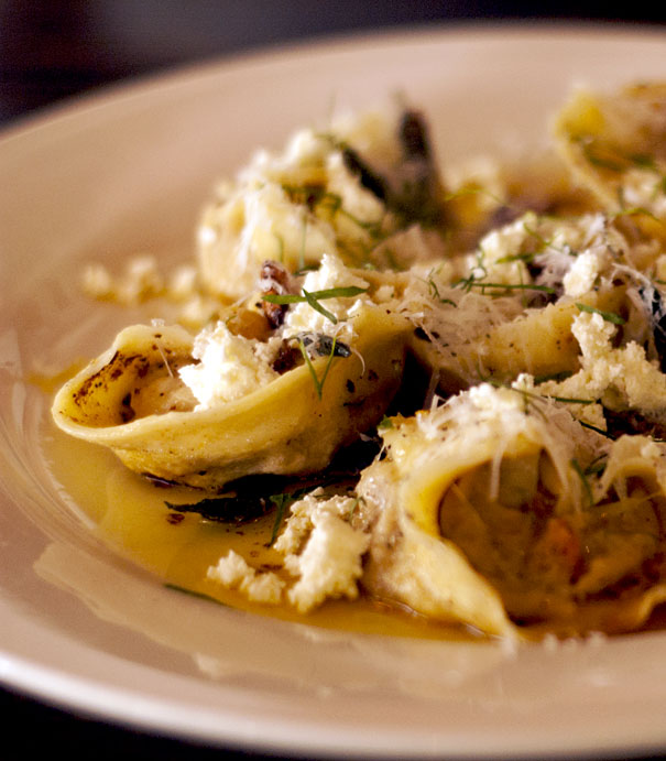 Roasted carrot, ricotta and walnut tortellini with burnt butter, garlic and sage sauce